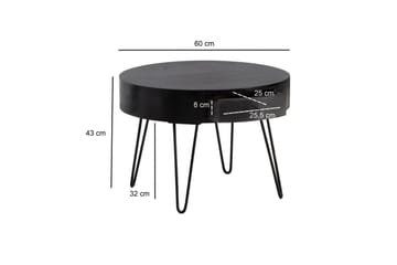 Sofabord Wohnling massivt træ 60 cm rundt med skuffe, landlig stil Sort - Sort - Møbler - Borde - Sofabord