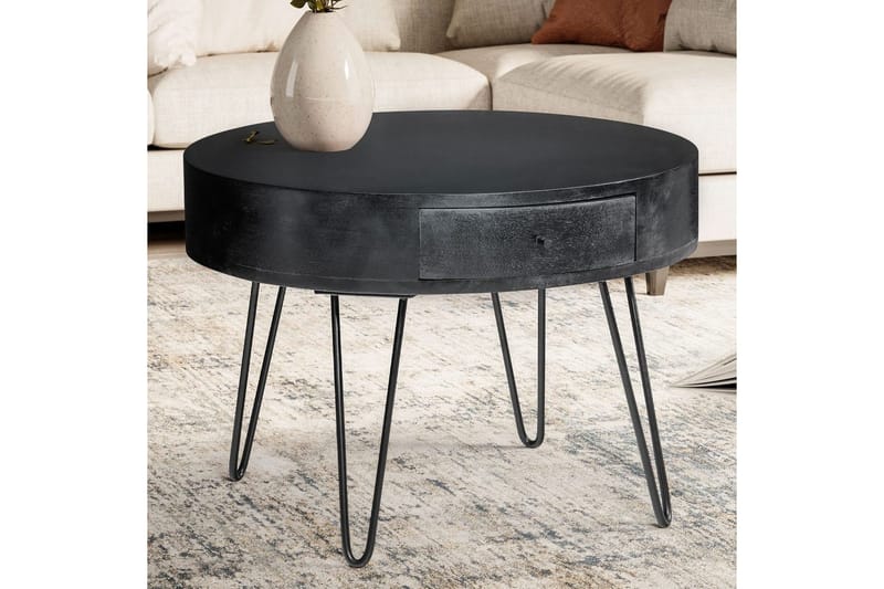 Sofabord Wohnling massivt træ 60 cm rundt med skuffe, landlig stil Sort - Sort - Møbler - Borde - Sofabord