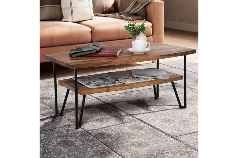 Sofabord Wohnling Massivt træ rektangulær med bakke landstil metalben - Møbler - Borde - Sofabord
