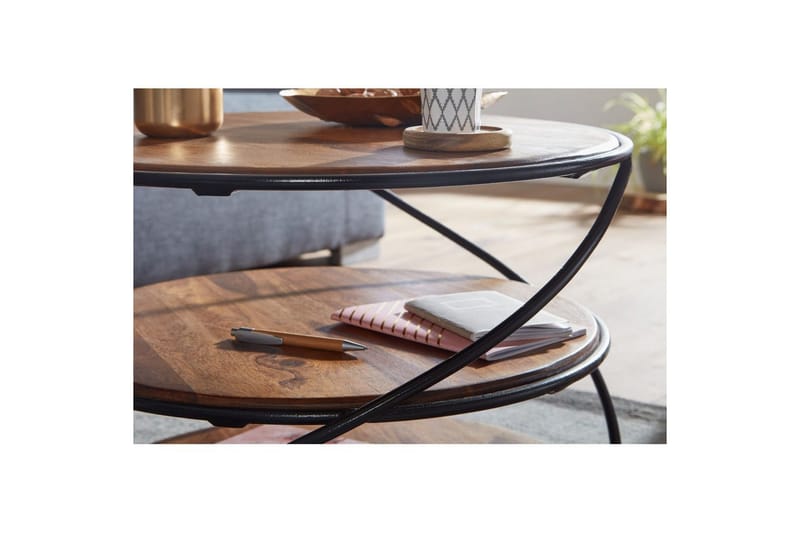 Sofabord Wohnling Massivt træ rund 58 cm med 2 bakker cirkel metalramme - Møbler - Borde - Sofabord