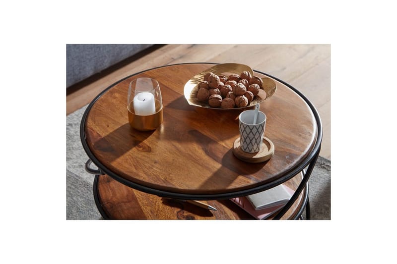 Sofabord Wohnling Massivt træ rund 58 cm med 2 bakker cirkel metalramme - Møbler - Borde - Sofabord