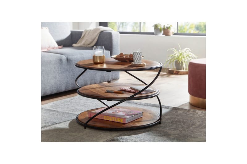 Sofabord Wohnling Massivt træ rund 58 cm med 2 bakker cirkel metalramme - Møbler - Borde - Sofabord
