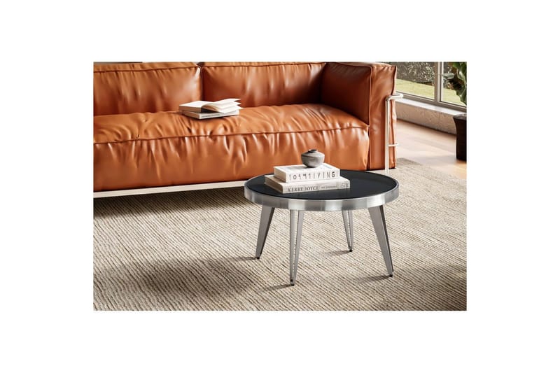 Sofabord Wohnling Rund 60 cm sikkerhedsglas mat sølv 4-benet metalramme moderne - Møbler - Borde - Sofabord