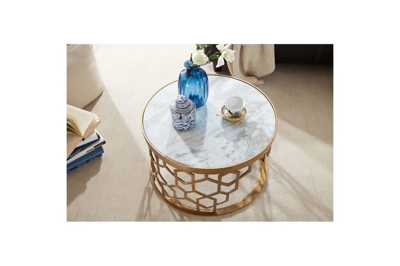 Sofabord Wohnling Rund Indisk Marmor Honningkagemønster Metalramme - Møbler - Borde - Sofabord