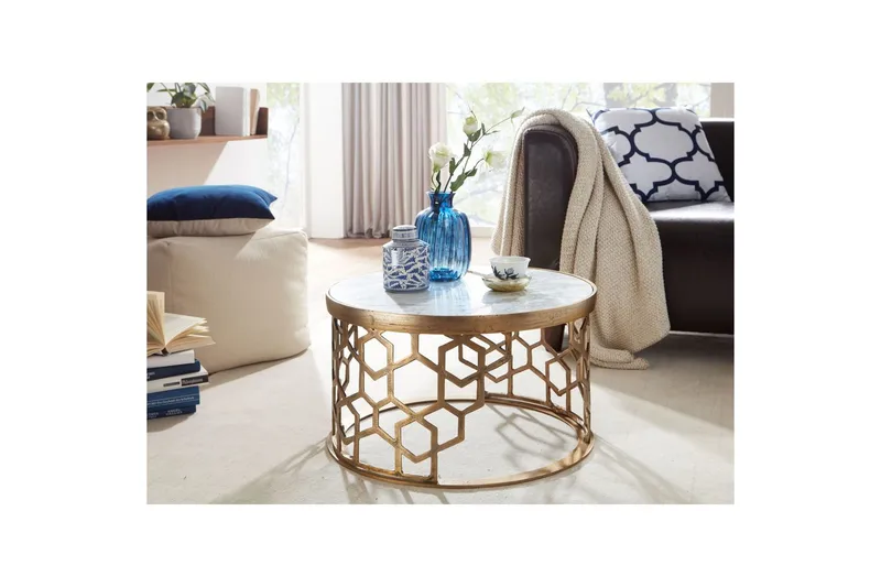 Sofabord Wohnling Rund Indisk Marmor Honningkagemønster Metalramme - Møbler - Borde - Sofabord