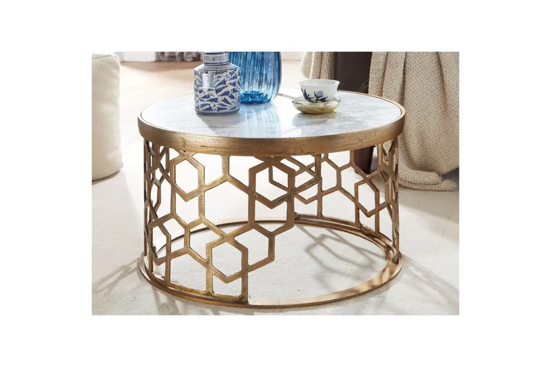 Sofabord Wohnling Rund Indisk Marmor Honningkagemønster Metalramme - Møbler - Borde - Sofabord