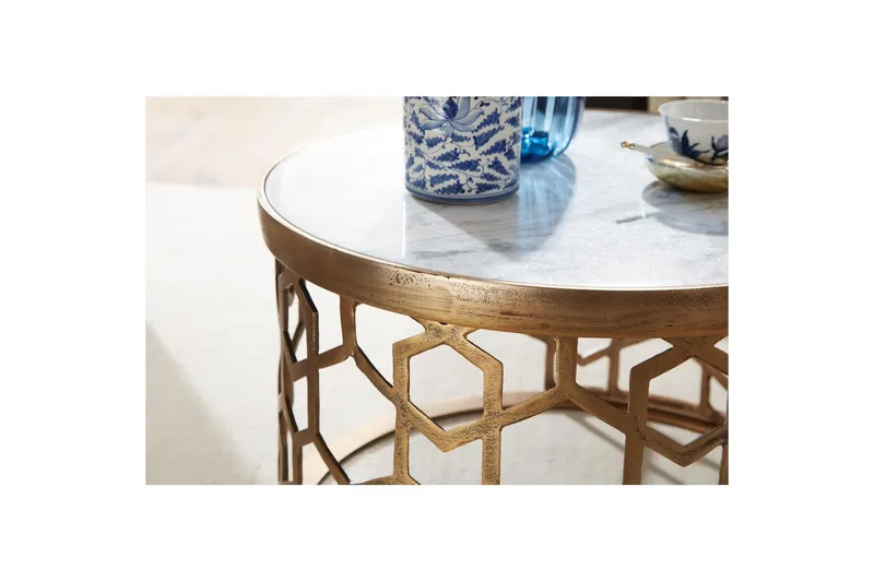 Sofabord Wohnling Rund Indisk Marmor Honningkagemønster Metalramme - Møbler - Borde - Sofabord