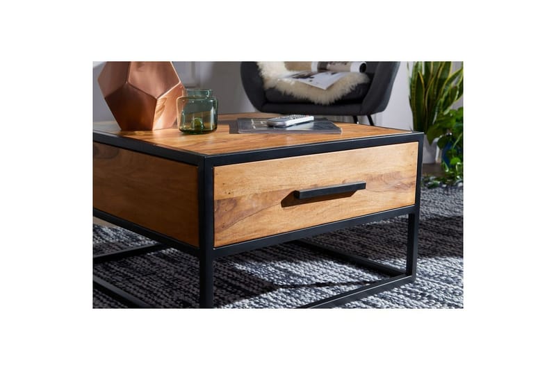 Sofabord Wohnling Solidt sheeshamtræ 1 skuffe pulverlakeret metalramme industriel - Møbler - Borde - Sofabord