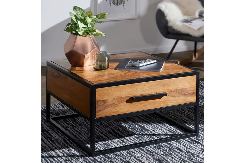 Sofabord Wohnling Solidt sheeshamtræ 1 skuffe pulverlakeret metalramme industriel - Møbler - Borde - Sofabord