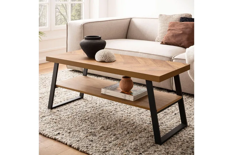 Sofabord Wohnling Solidtræ sildebensmønster opbevaringsplads 100 cm - Møbler - Borde - Sofabord