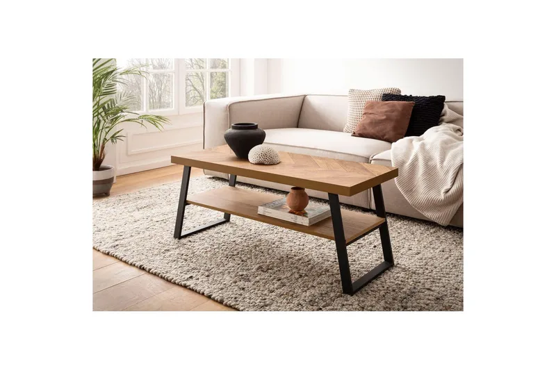 Sofabord Wohnling Solidtræ sildebensmønster opbevaringsplads 100 cm - Møbler - Borde - Sofabord