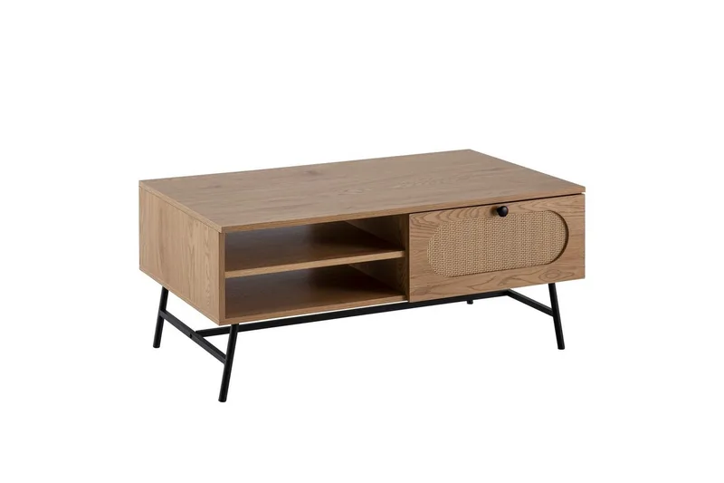 Sofabord Wohnling Trælook i eg rektangulær med skuffe og rattan opbevaringsplads, undefined