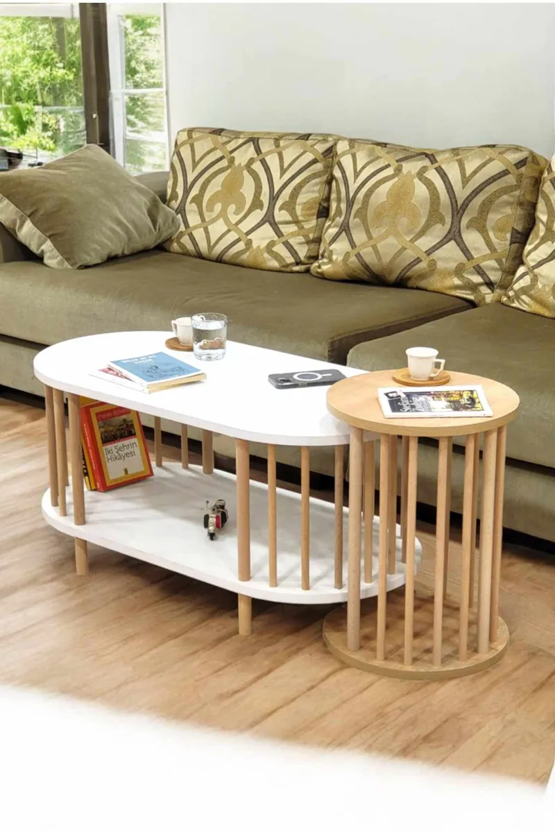 Sofabordssæt Hanah Home Peka Set (90 x 43 x 45 cm) Hvid Sapphire eg - Hvid og safir-eg - Møbler - Borde - Sofabord