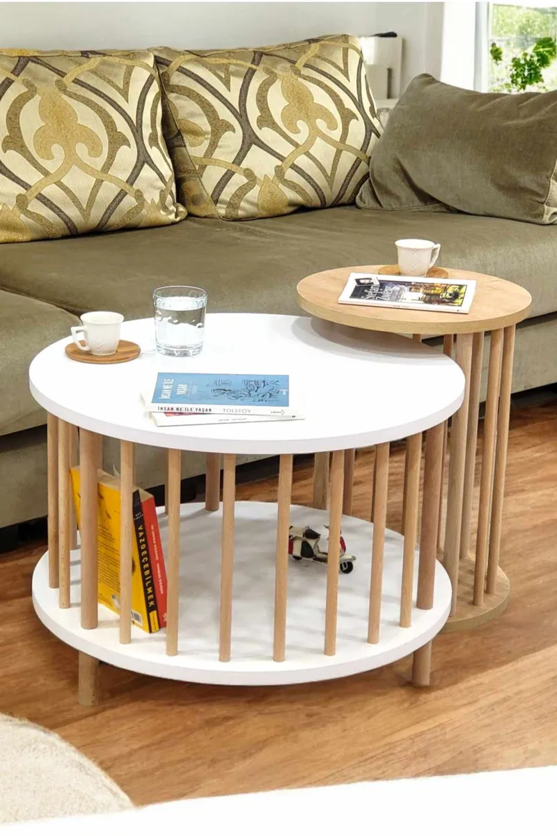 Sofabordssæt Hanah Home Peka Set Pro (Ø60 x H43 cm) Hvid Sapphire eg, Hvid og safir-eg