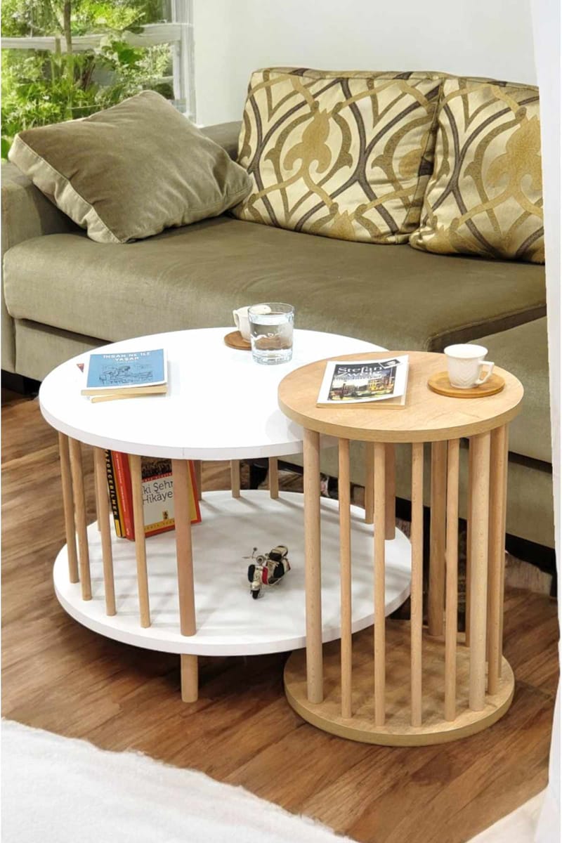 Sofabordssæt Hanah Home Peka Set Pro (Ø60 x H43 cm) Hvid Sapphire eg - Hvid og safir-eg - Møbler - Borde - Sofabord