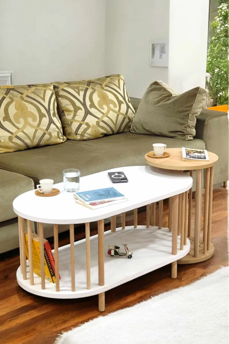 Sofabordssæt Hanah Home Peka Set (90 x 43 x 45 cm) Hvid Sapphire eg, Hvid og safir-eg
