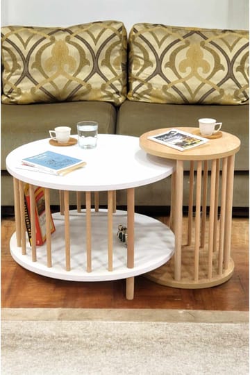 Sofabordssæt Hanah Home Peka Set Pro (Ø60 x H43 cm) Hvid Sapphire eg - Hvid og safir-eg - Møbler - Borde - Sofabord