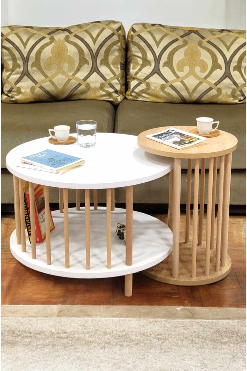 Sofabordssæt Hanah Home Peka Set Pro (Ø60 x H43 cm) Hvid Sapphire eg - Hvid og safir-eg - Møbler - Borde - Sofabord