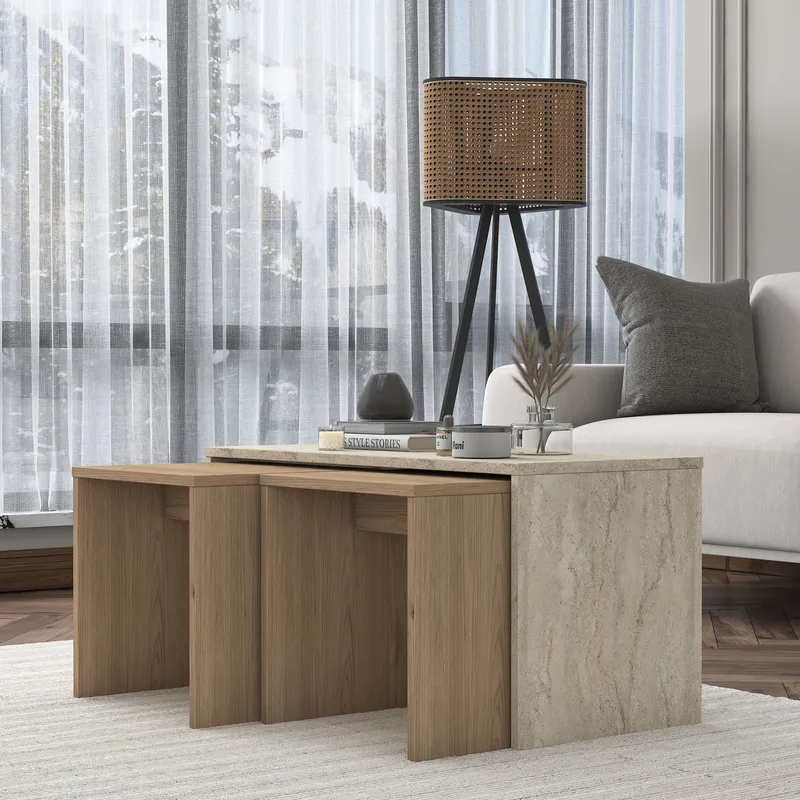 Sofabordssæt Wallxpert Cleo Shelf (90 x 44,8 x 40 cm) Travertin - Travertin - Møbler - Borde - Sofabord