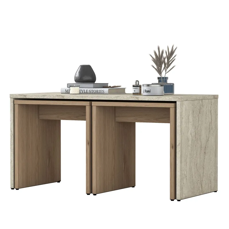Sofabordssæt Wallxpert Cleo Shelf (90 x 44,8 x 40 cm) Travertin, Travertin