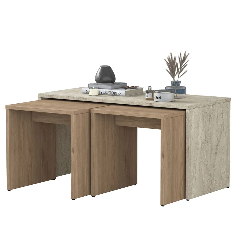 Sofabordssæt Wallxpert Cleo Shelf (90 x 44,8 x 40 cm) Travertin - Travertin - Møbler - Borde - Sofabord