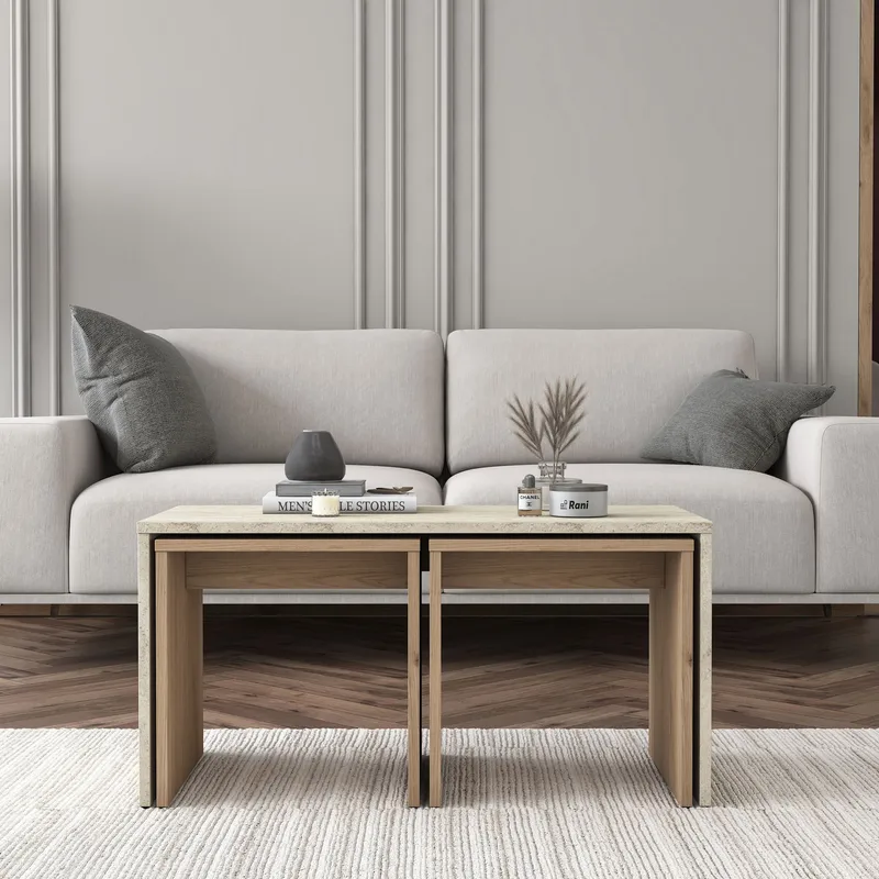 Sofabordssæt Wallxpert Cleo Shelf (90 x 44,8 x 40 cm) Travertin - Travertin - Møbler - Borde - Sofabord