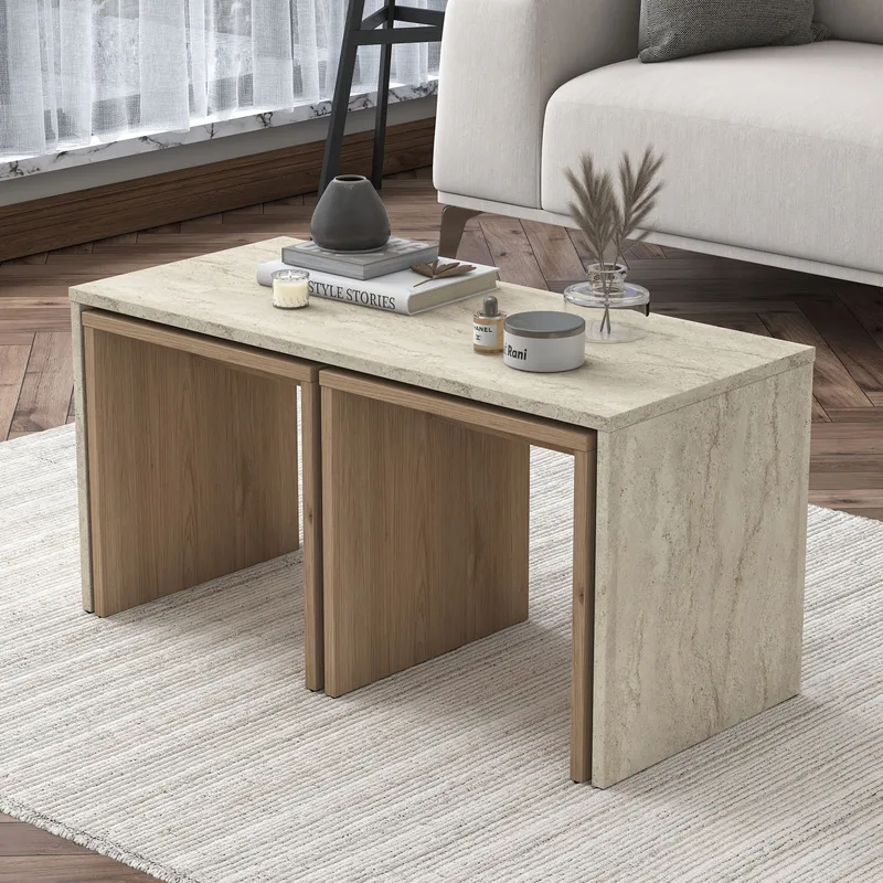 Sofabordssæt Wallxpert Cleo Shelf (90 x 44,8 x 40 cm) Travertin - Travertin - Møbler - Borde - Sofabord
