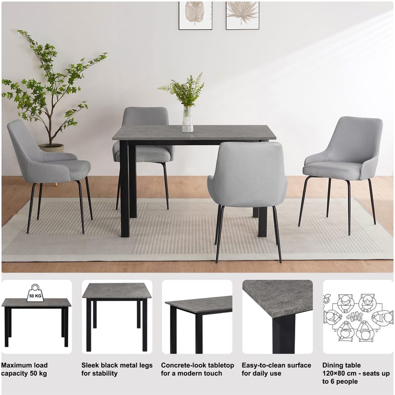 Spisebord Loft24 Durham Beton 120x80 cm - Betongrå og sort - Møbler - Borde - Spisebord og køkkenbord