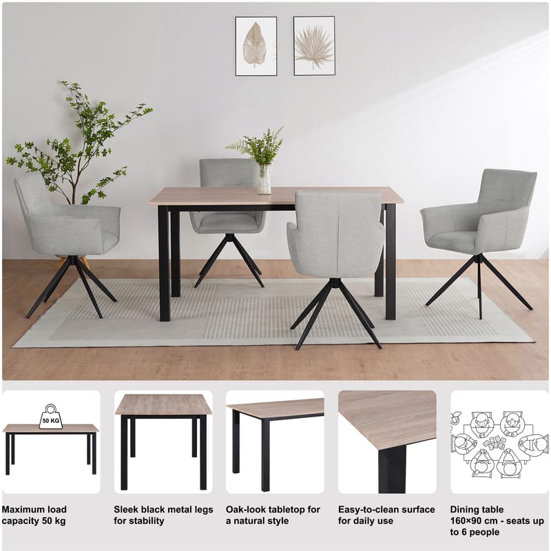 Spisebord Loft24 Durham Eg/sort 160x90 cm - Egebrun og sort - Møbler - Borde - Spisebord og køkkenbord