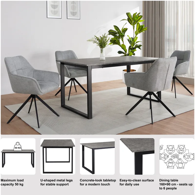 Spisebord Loft24 Luton Beton 160x90 cm - Betongrå og sort - Møbler - Borde - Spisebord og køkkenbord