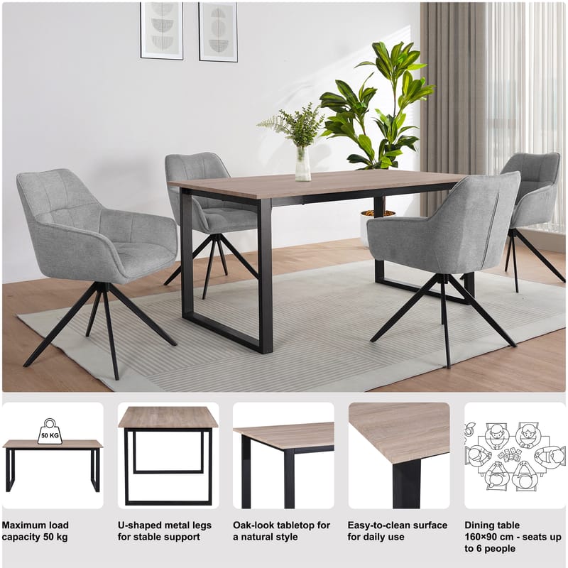 Spisebord Loft24 Luton Eg/sort 160x90 cm - Eg og sort - Møbler - Borde - Spisebord og køkkenbord