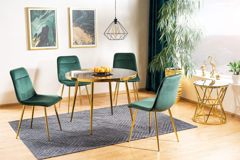 Calvik Spisebord 100 cm Rundt Marmorlook - Glas/Sort/Guld - Møbler - Borde - Spisebord og køkkenbord