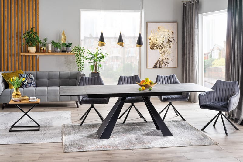 Riez Udvideligt Spisebord 160 cm Betonlook - Glas/Betongrå/Mat sort - Spisebord og køkkenbord - Semmenfoldeligt bord