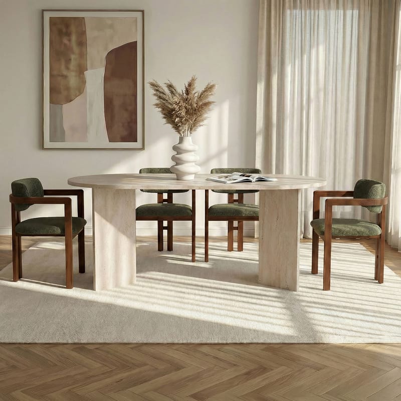 Spisebord- og stolssæt Nordure Meridia 4 (180 x 75 x 90 cm) 5 dele Travertin valnød grøn - Møbler - Borde - Spisebordssæt