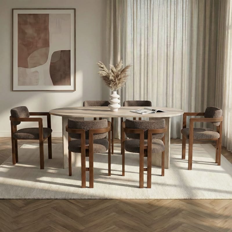 Spisebord- og stolssæt Nordure Meridia 6 (180 x 75 x 90 cm) 7 dele Travertin valnød brun - Møbler - Borde - Spisebordssæt