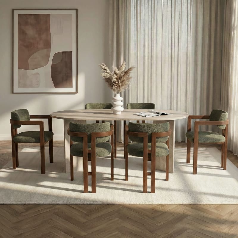 Spisebord- og stolssæt Nordure Meridia 6 (180 x 75 x 90 cm) 7 dele Travertin valnød grøn - Møbler - Borde - Spisebordssæt