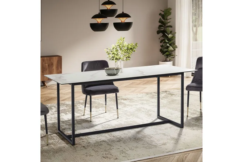 Spisebord Wohnling Keramisk Klassisk Slæde Base Metalramme Sort, Marmormedhvid - Sort, Marmormedhvid - Møbler - Borde - Spisebord og køkkenbord