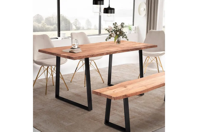 Spisebord Wohnling Massivt træ med trækanter rektangulært landstil Sort, Lige, 200x100 cm - Sort, Lige, 200x100 cm - Møbler - Borde - Spisebordssæt