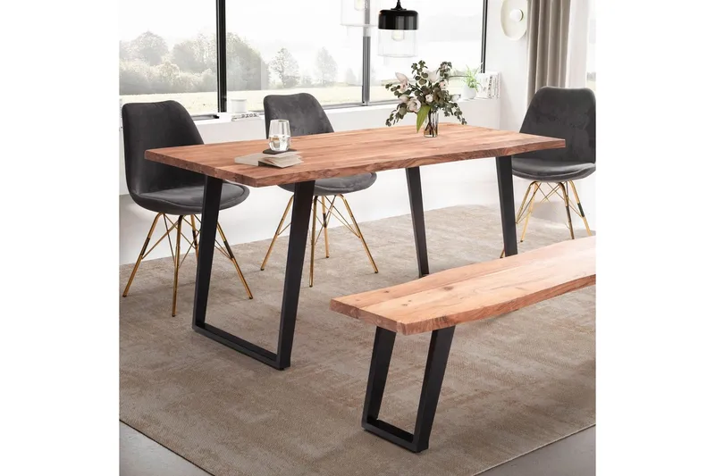 Spisebord Wohnling Massivt træ med trækanter rektangulært landstil Sort, Vinklet, 160x80 cm - Sort, Vinklet, 160x80 cm - Møbler - Borde - Spisebordssæt