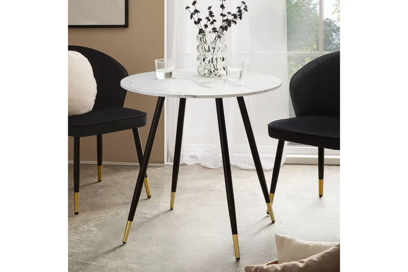 Spisebord Wohnling Rund 75 cm marmorlook moderne med gyldne spidse ben Marmor, Hvid - Møbler - Borde - Spisebord og køkkenbord