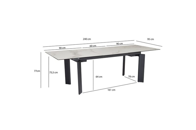 Spisebord Wohnling Udvidelig 180-260 cm keramisk klassiske fire ben metalramme Sort, Marmormedhvid - Sort, Marmormedhvid - Møbler - Borde - Spisebordssæt