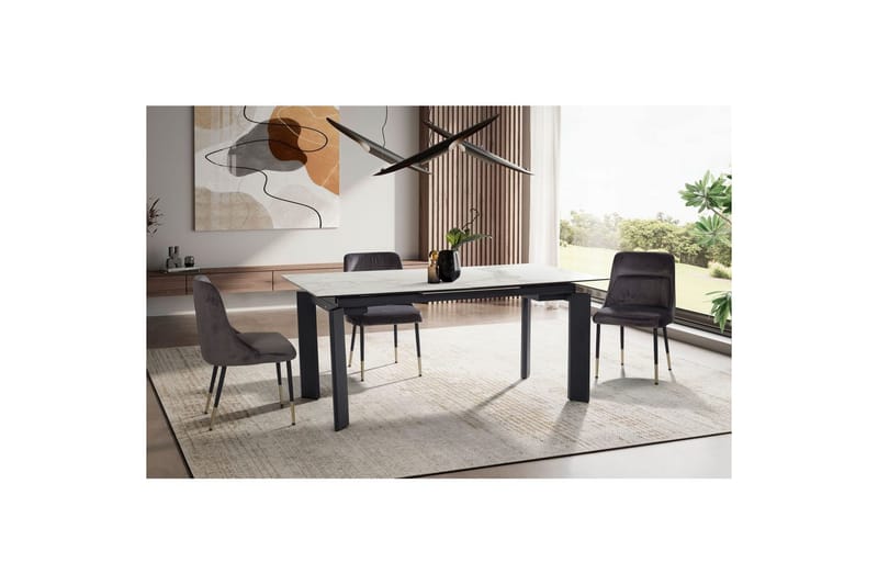 Spisebord Wohnling Udvidelig 180-260 cm keramisk klassiske fire ben metalramme Sort, Marmormedhvid - Sort, Marmormedhvid - Møbler - Borde - Spisebordssæt