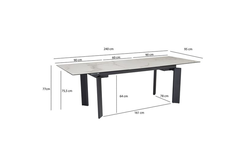 Spisebord Wohnling Udvidelig 180-260 cm keramisk klassiske fire ben metalramme Sort, Marmormedhvid - Sort, Marmormedhvid - Møbler - Borde - Spisebordssæt