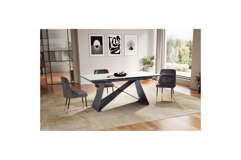 Spisebord Wohnling Udvidelig 180-260 cm keramisk moderne Z-ramme design Sort, Marmormedhvid - Sort, Marmormedhvid - Møbler - Borde - Spisebord og køkkenbord