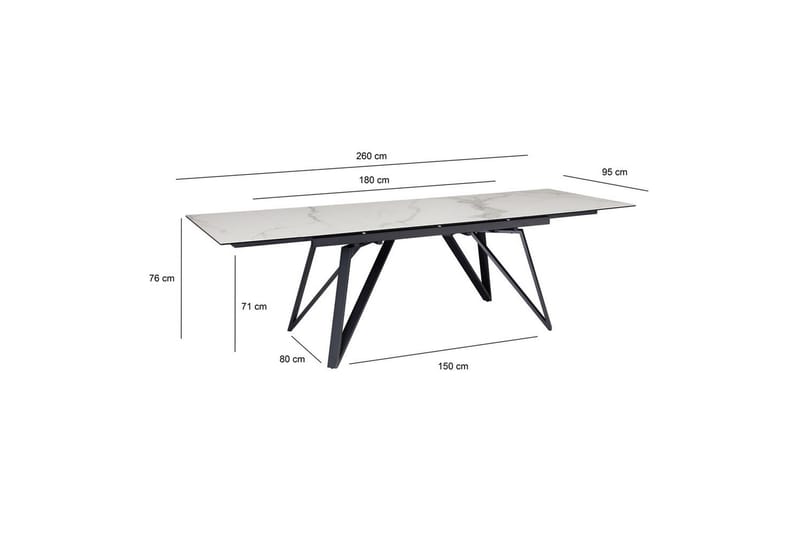 Spisebord Wohnling Udvidelig 180-260 cm keramisk skrå metal hårnål bordben Sort, Marmormedhvid - Sort, Marmormedhvid - Møbler - Borde - Spisebord og køkkenbord