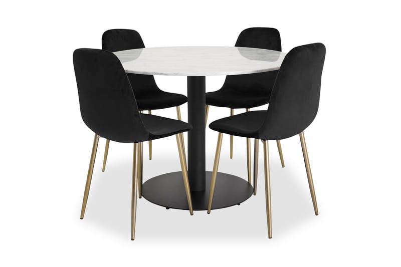 Admira Spisebord runt Hvid/Sort+Pontus stol Sort/Messing 4st - Spisebordssæt