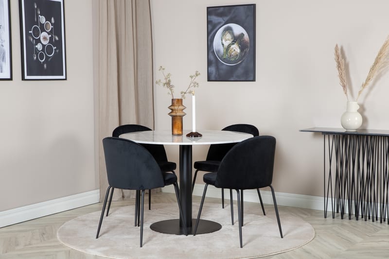 Admira Spisebordssæt 106 cm Rund inkl 4 Foyos Stole - Marmor/Hvid/Sort - Møbler - Borde - Spisebordssæt
