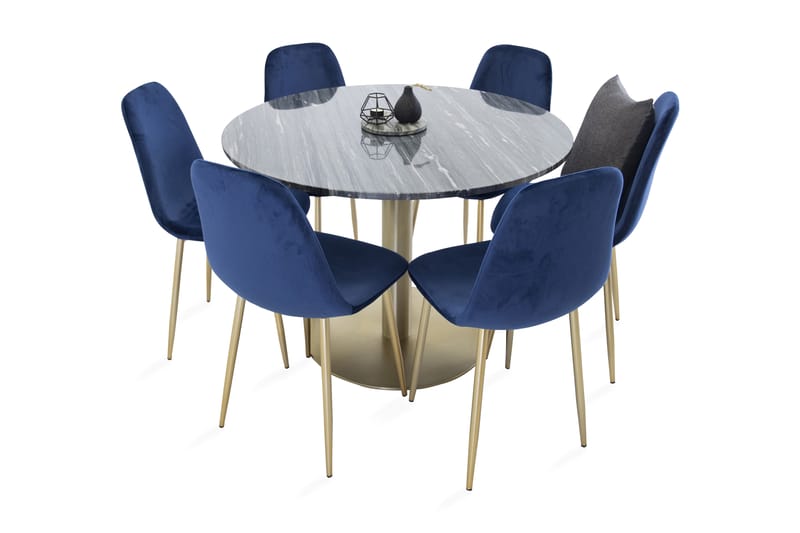Admira Spisebordssæt 106 cm Rund marmor med 6 Valeri Køkkens - Velour grå / messing - Spisebordssæt