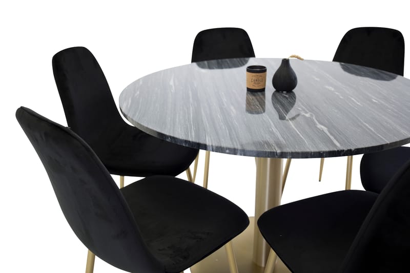 Admira Spisebordssæt 106 cm Rund marmor med 6 Pontus Køkken - Velour grå / messing - Spisebordssæt