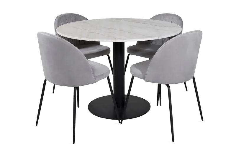 Admira Spisebordssæt 106 cm Rundt Marmor inkl 4 Foyos Stole, Hvid/Sort/Grå